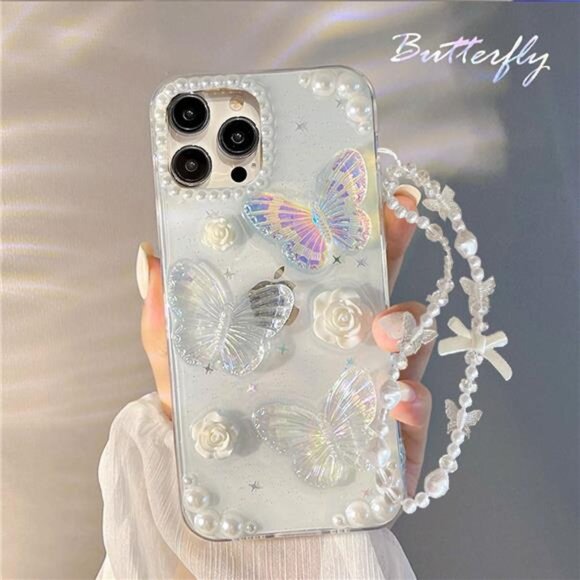 iPhone 16, 16 Pro, 16 Pro Max Bling Butterfly Glitter Case w/ Pearl Strap - Picture 5 of 7